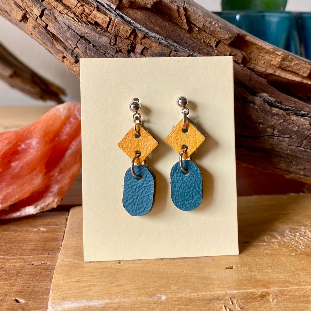 Leather Earrings Dangle Yellow and Teal Lightweight Groovy Geometric Push Back